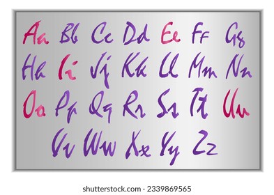 Stylized alphabet on a silver background, upper and lower case letters, vowels and consonants