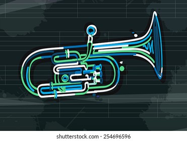 Stylized alto horn over musical sheet, abstract art