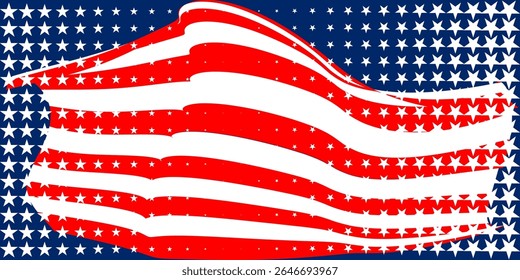A stylized American flag design with wavy red and white stripes over a blue background filled with white and red stars, creating a bold patriotic pattern.

