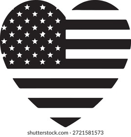 A stylized American flag in a heart shape, featuring white stars on a black field and horizontal black stripes.