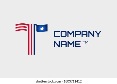 Stylized American flag vector logo with initials letter "T". Usable for industry and general business as well as for sports logos