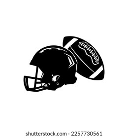 Stylized american football logo vector icon, black color with white negative space stripes and stitches