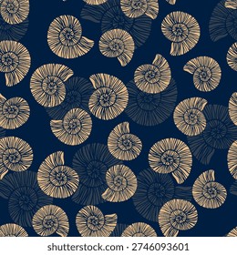 Stylized ammonite fossils or snail shells vector seamless pattern. Champagne gold or beige line art on deep navy blue background. Shells vary in size and orientation. Summer fabric print.