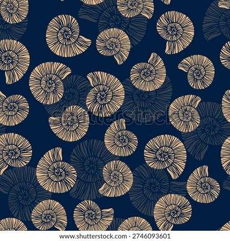 Stylized ammonite fossils or snail shells vector seamless pattern. Champagne gold or beige line art on deep navy blue background. Shells vary in size and orientation. Summer fabric print.