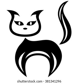 Stylized amusing black cat isolated on the white background, cartoon vector illustration