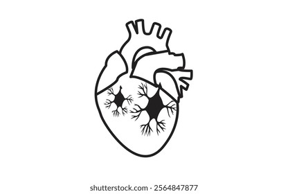 A stylized anatomical heart with neural network-inspired branches inside, drawn in black on a white background. Minimalist vector design for science or medical use.