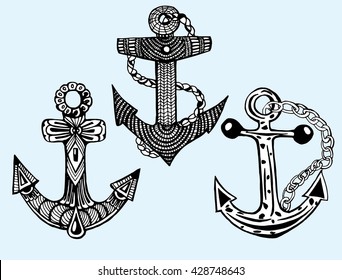Stylized anchor. Ship anchor. Line art. Black and white drawing by hand. Tattoo. Doodle. Zentangle. Set.