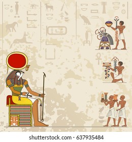  Stylized ancient culture background.Murals with ancient egypt scene Ancient egypt banner.Egyptian hieroglyph and symbol.Deities.