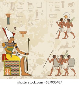  Stylized ancient culture background.Murals with ancient egypt scene Ancient egypt banner.Egyptian hieroglyph and symbol.Pharaoh.