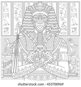 Stylized ancient pharaoh and Egyptian symbols (hieroglyphs) on the background.Freehand sketch for adult anti stress coloring book page with doodle and zentangle elements.