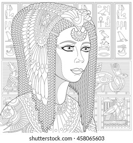 Stylized ancient queen Cleopatra (or Nefertiti) and egyptian symbols (hieroglyphs) on the background.
Freehand sketch for adult anti stress coloring book page with doodle and zentangle elements.