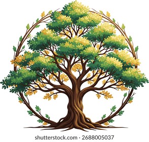 A stylized, ancient tree with sprawling branches and vibrant green leaves, encircled by a delicate vine frame against a soft background.