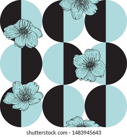Stylized anemone or poppies flowers, vector seamless pattern. Hand drawn floral background in retro pastel colores and geometric shapes.