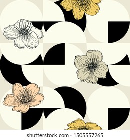 Stylized anemone or poppies flowers, vector seamless pattern. Hand drawn floral background in retro pastel colores and geometric shapes.