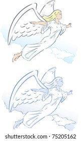 Stylized angel, flying or floating through the clouds.