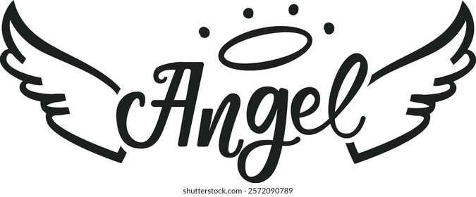 Stylized angel wings and a halo gracefully hovering above the word Angel, creating a captivating representation of divine presence and rich spiritual symbolism