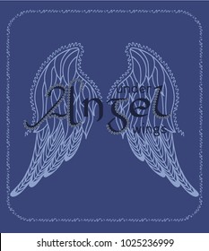 Stylized angel wings and word  on a dark background. Applique print for textile clothes in fashion luxury design. Slogan graphic for t-shirts in vector.