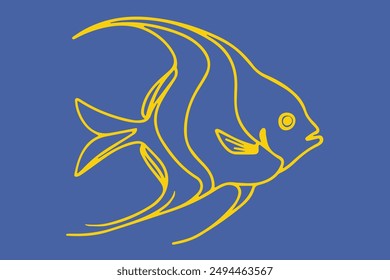 Stylized Angelfish Line Art Vector Vibrant illustration featuring a yellow outline of an angelfish on a blue background. Ideal for marine themed designs, posters, and digital art projects