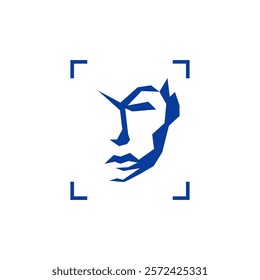 A stylized, angular blue face within a square frame, resembling a logo or icon