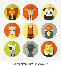 Stylized animal avatar set in flat style. Dog, panda, squirrel, bird, sheep, elephant, goat, crocodile. Bright colors