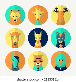 Stylized animal avatar set in flat style for social networks. Bright colors