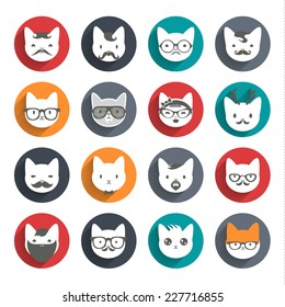 Stylized animal avatar set in flat style for social networks: character cats