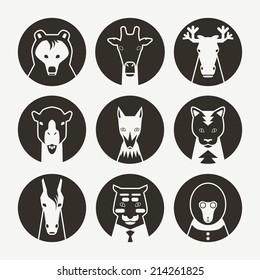 Stylized animal avatar set for social networks. Black emblem on a white background