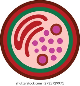 Stylized animal cell cross section with red membrane and purple internal structures