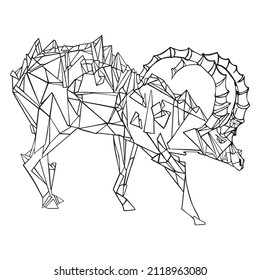 Stylized animal, goat, geometric stylization. Hand drawn vector illustration, ink pen drawing, black and white, isolated on white background. For design projects, coloring books, cards, posters
