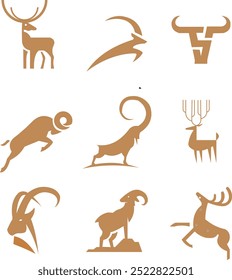 Stylized animal logo set featuring bulls, deer, and ibex in vector format. 