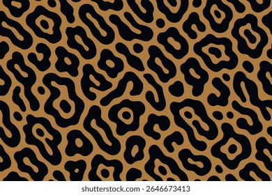 Stylized animal print with stretched black spots over rich golden-brown background for textiles.