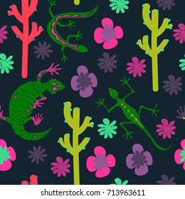 Stylized animals and flowers. Seamless pattern in bright colors.