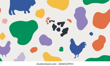 Stylized animals populate colorful organic shapes pattern backdrop decorates surface