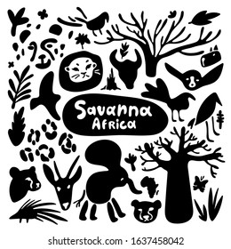 Stylized animals of the savannah in Africa. Black and white icons in minimalistic doodle style. Cartoon animal silhouettes for your design and DIY. Phrase Savanna Africa