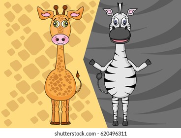 Stylized animals zebra and giraffe. Vector illustration