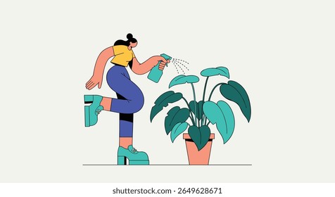 A stylized animated character with a ponytail happily waters a large potted plant with a spray bottle in a well-lit minimalist interior setting promoting sustainable living and plant care practices
