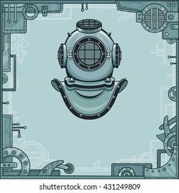 The stylized animation helmet of an ancient diving armor.  A background - a frame from iron details, the steel mechanism. Vector illustration.