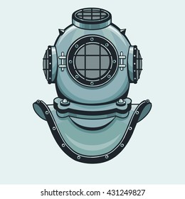 The stylized animation helmet of an ancient diving armor. Isolated on a blue background. Vector illustration.