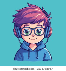 A stylized anime boy with pink hair, glasses, and large eyes smiles while wearing blue headphones and hoodie.