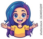 A stylized anime girl with large, expressive eyes, a bright smile, and long, flowing blue and purple hair, wearing a yellow shirt, welcomes with open arms.