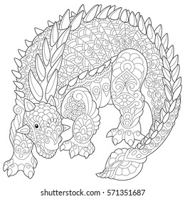 Stylized ankylosaurus dinosaur of the Cretaceous period, isolated on white background. Freehand sketch for adult anti stress coloring book page with doodle and zentangle elements.