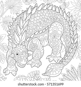 Stylized ankylosaurus dinosaur of the Cretaceous period. Freehand sketch for adult anti stress coloring book page with doodle and zentangle elements.