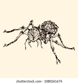 Stylized ant painted in ink. Ant mutant on a light background. Harmful insects