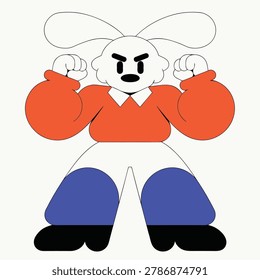 A stylized, anthropomorphic rabbit character with a fierce expression, flexing its biceps. The character has large ears, a white head, and is wearing a red shirt and blue pants.
