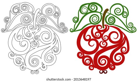 A stylized apple with a doodle pattern on a white background. Anti-stress coloring book for children and adults. Decorative element for design