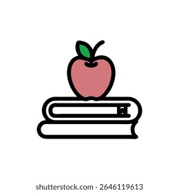 A stylized apple icon is displayed in flat design with a green leaf. This is on a White Background.