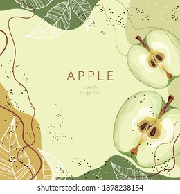 Stylized apple with leaves on an abstract background. Green apples. Card, banner, poster, sticker, print, advertising material. Vector illustration.