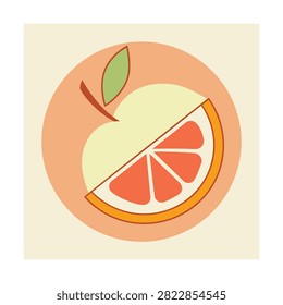 Stylized apple and orange fruit combination with a leaf on a soft peach colored circle background