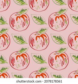Stylized Apple seamless pattern. Trendy red apple with green leaf. Minimalistic vector art