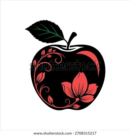 A stylized apple silhouette adorned with a delicate floral design, showcasing a blend of nature and modern artistry. This silhouette style is a distinctive feature.